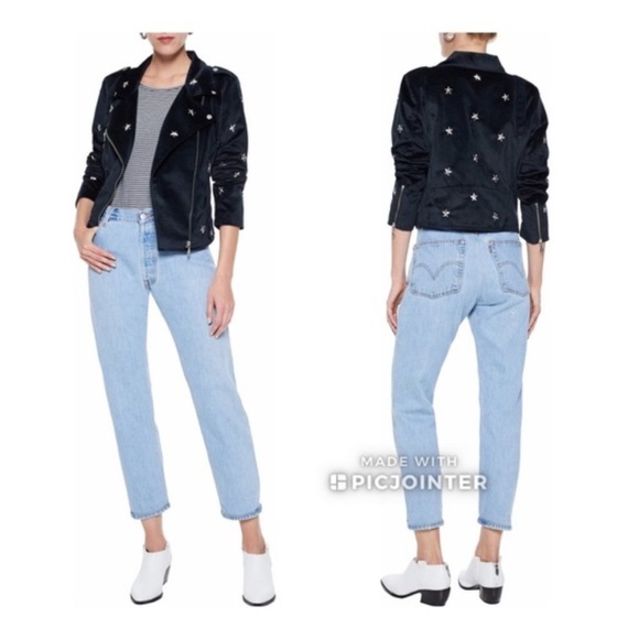 NWT Rebecca Minkoff Wes Moto Jacket Blue Velour XS Velvet Studded Stars - Picture 2 of 8